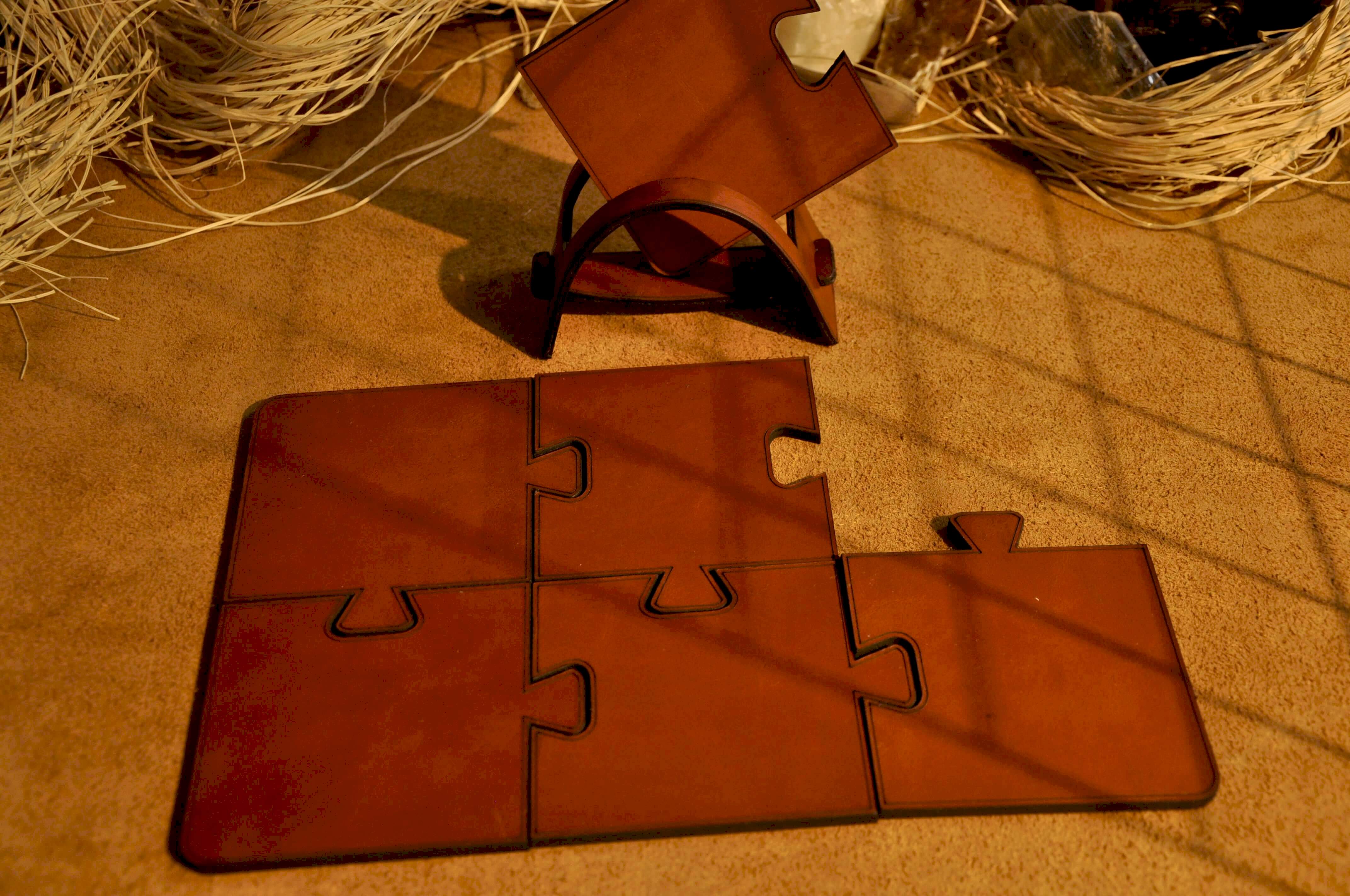 (6'LI) 10 CM PUZZLE DERİ & AHŞAP BARDAK ALTLIĞI -STANDLI